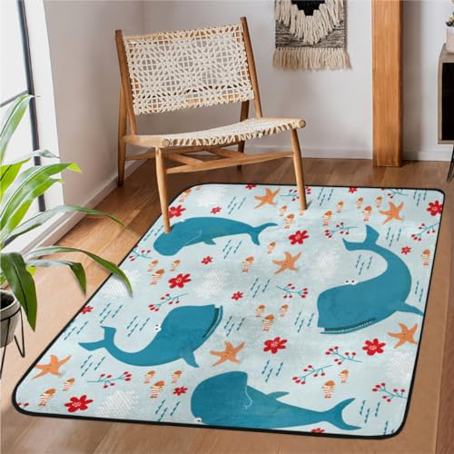 Wal Seestern Blume Bereich Teppich für Schlafzimmer Wohnzimmer 4 x 5.2 Fuß Weich Flauschig Indoor Boden Teppich Rutschfest Waschbar Moderne Teppiche für Wohnheim Kinderzimmer Kinderzimmer Wohnkultur