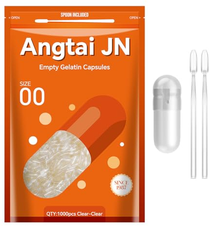 Angtai JN Empty Capsules Size 00 - Clear Gelatin Capsules Empty (1000 Count) with Two Miro Lab Spoons - Gel Capsules Empty - DIY Pure Bovine Capsule Filling - Kosher, Gluten Free - Non-GMO Certified
