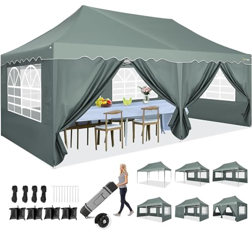 HOTEEL Faltpavillon 3x6 Pavillon Wasserdicht Stabil Partyzelt Faltbar, Faltzelt Mit 6 Seitenwänden & Rolltasche & 4 Sandsäcken, Einfacher Aufbau für Hochzeiten, Gewerbe, Partys, UV50+ Schutz, Grau