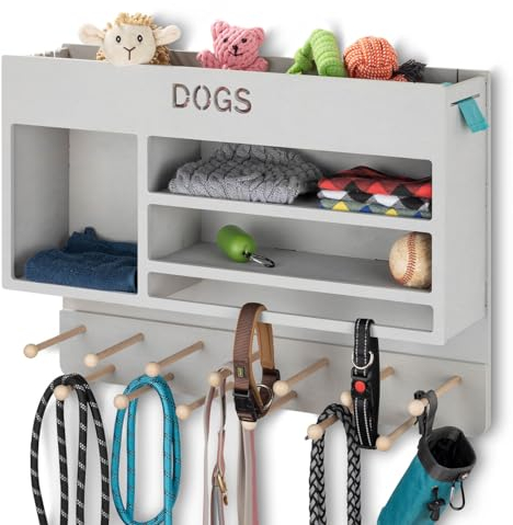 INEXTERIOR Hundegarderobe Deluxe - aus Holz - Handgefertigt in Deutschland - Mit großer Ablage und Kotbeutelspender - Garderobe für Hundeleinen (Grau)