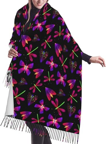 XVBCDFG Leuchtschal, Neonfarben, für Damen und Herren, lange Schals mit Fransen, leicht, weich, warm, Fluoreszierende Schmetterlings-Libelle, One size