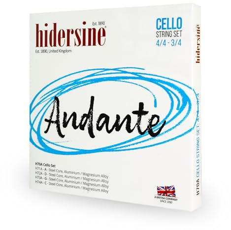 Hidersine Andante Cello String SET of 4 for 4/4-3/4 size. Steel Core, Alloy String, Ease of Playing Feel. Excellent Tone & Great Value. Ideal For Cello Students With Full Sized or 3 Quarter Cellos