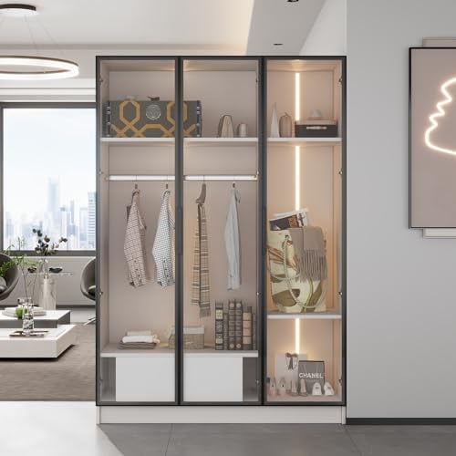 MQLAE Kleiderschrank mit LED, Vielseitiger Schrank mit 3 Glastüren, 1 Schublade und 1 Kleiderstange - Wardrobe Weiss, Schlafzimmerschrank, 110 x 50 x 160 cm (T/B/H)