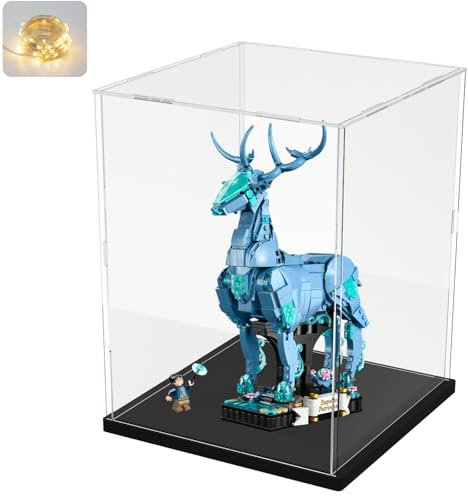 Thickened Clear Acrylic Display Case for Lego 76429 Talking Sorting Hat 10338 31152 43270 43238 21355 Collectibles, Self-Assembly Box with Wood-Plastic Base & Light, Black Inside 9.8x9.8x11.8 inch