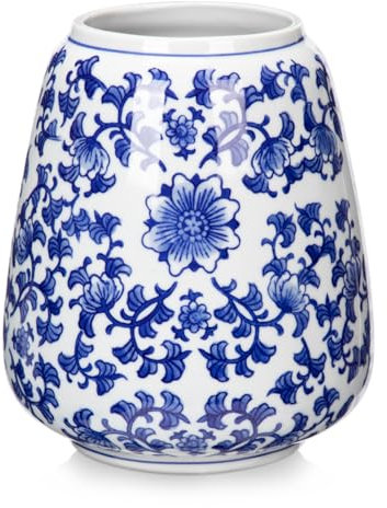 Hollyone Blau und Weiß Porzellan Vase, 18cm Blaue Keramikvase für Heimdekoration, Moderne Keramik Vasen für Blumen, Kleine Blumenvase für Tischdeko, Wohnzimmer, Badezimmer, Küche