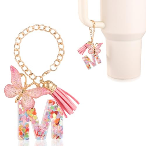 lasuroa Letter Charms Cup Accessories, Cute Alphabet Tumbler Decoration Mug Handle Charms Decor Chains with Butterfly for Stanley Tumblers Women Girls Gift (M)