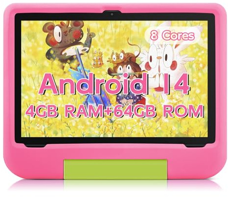 Kids Tablet 10 Inch - Android 14 Tablet for Kids, Octa-Core 8(4+4)GB+64GB, IPS HD 1280x800 Toddler Tablet, WiFi 6, Dual Camera, GMS, Parental Control, Kids Content & Eye Protection (Pink EVA Case)