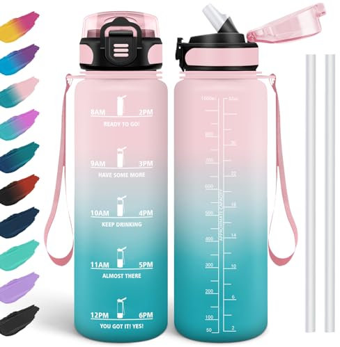 HoneyHolly Wasserflasche 1l, Auslaufsicher, Trinkflasche für Kohlensäurehaltige Getränke, Wasserflasche BPA-Frei, Trinkflasche mit Strohhalm, Trinkflasche Sport für Schule, Fahrrad, Fitness