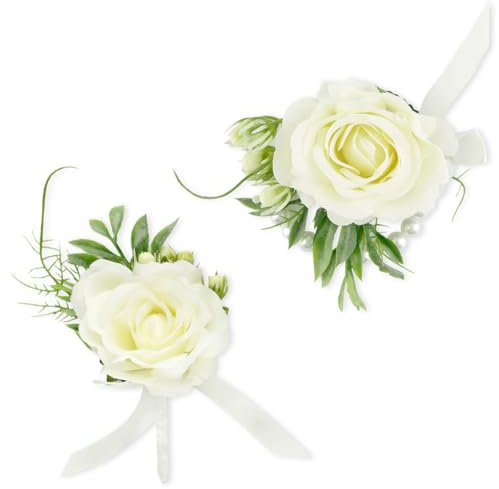 Thyonta Lot de 2 bracelets de corsage en forme de rose blanche avec fausses perles pour bal de fin d'année, mariages, fêtes, événements
