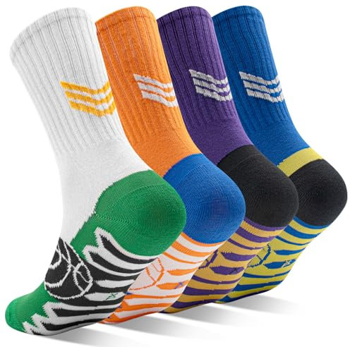 DECOVICI Sportsocken Kinder 4 Paare, Basketball Socken für Jungen Mädchen 14-16 Jahre Fussball Laufsocken Trainer Tennis Schule Wandern Socken(14-16, Weiß + Orange + Lila + Dunkelblau)