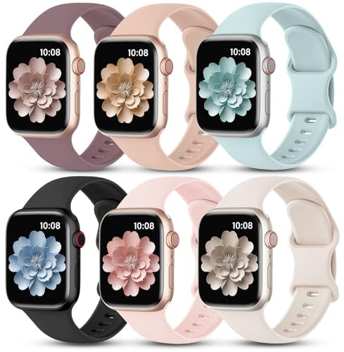 6 Pack Straps Compatible for Apple Watch Strap 38mm 40mm 41mm 42mm 44mm 45mm 46mm 49mm, Soft Silicone Sport Band for iWatch Strap Series 10 9 8 7 6 5 4 3 SE, Women Men
