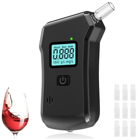 YUFFQOPC Alkoholtester,Alkoholtester Polizeigenau,Hochpräziser Promillemessgerät mit Digitalem Blauer LCD-Anzeige,Professioneller Alkoholmessgerät mit 10 Mundstücken,Tragbarer Atemalkoholtester