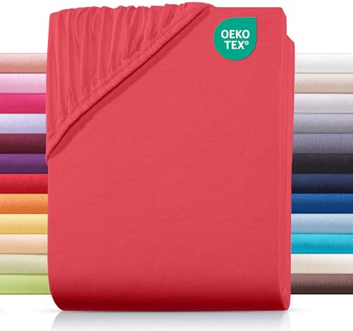 Carpe Sonno® Jersey Spannbettlaken 200x200cm Baumwolle | Laken Rot mit Einlaufschutz & Bügelfrei Matratzenbezug bis 22cm | Bettlaken 200x200 Baumwolle | Leintuch 200x200 | Spannbetttuch 200 x 200