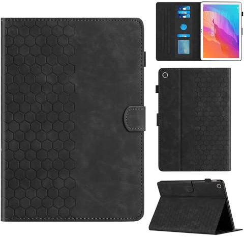 Rosbtib Custodia per Huawei MatePad T10S 10.1 AGS3-L09 AGS3-W09/MatePad T10 9.7 AGR-L09 AGR-W09 con supporto con slot per schede, custodia in ecopelle con motivo a trama esagonale, Nero