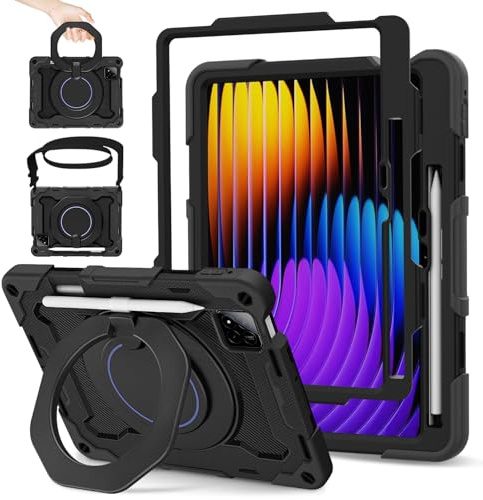 ROISKIN Hülle für Xiaomi Mi Pad 7/7 Pro 11,2 Zoll 2024 mit Displayschutz & Schultergurt & Stifthalter,Heavy Duty Stoßfeste Military Xiaomi Pad 7 Hülle,360 Drehbarer Ständer für Kinder,Schwarz