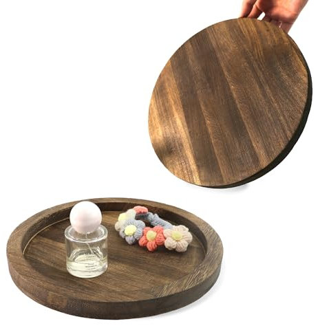 EazyBreezy 2 Pcs Wooden Serving Tray Rustic Decorative Tray Vintage Round Candle Holder Lightweight Centrepiece Platters for Coffee Table Home Decor Kitchen Countertop - 28.5cm