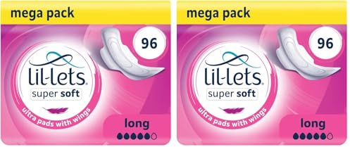 Lil-Lets Super Soft Ultra Thin Period Pads-96 Count, Long Absorbency, with Wings, (Packs of 8) 12 Pads-Bulk Pack, Medium to Heavy Period Flow, Unscented and Chlorine Free, Super Sanitary Towels