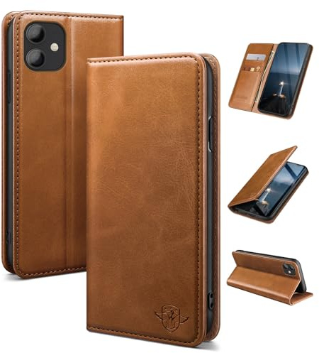SUANDUCK for iPhone 11 6.1 phone case magnetic leather flip case with RFID-blocking card compartment, adjustable stand and 360° drop protection with Apple 11 Light Brown
