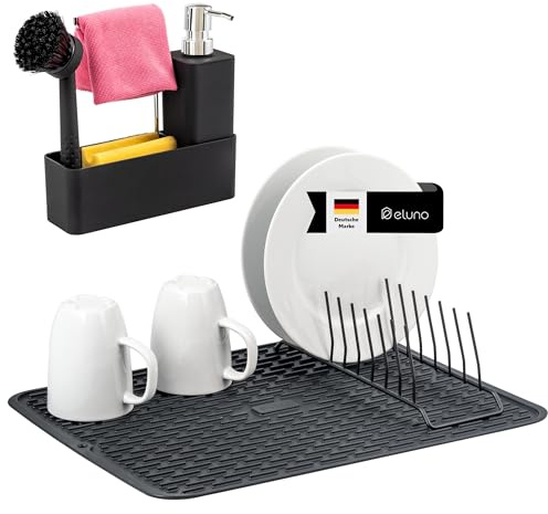 eluno Spül-Set 2er, bestehend aus Spülbecken-Organizer mit Soft-Touch Oberfläche und Abtropfmatte inkl. Abtropfgestell für 9 Teller, Geschirrspülset inkl. Seifenspender mit 350 ml Volumen, schwarz