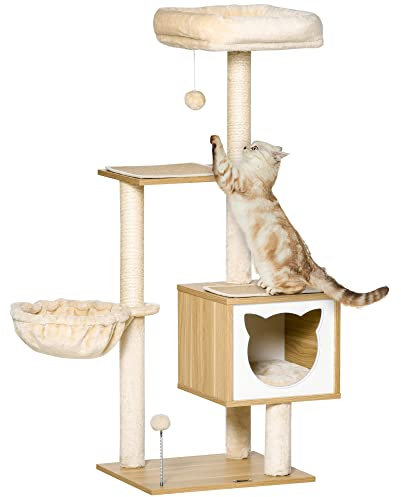 PawHut Tiragraffi per Gatti con 2 Pali, Casetta, Amaca, Lettino e 2 Palline Giocattolo, Albero per Gatti in Legno, Peluche e Sisal, 48x40x126 cm, Beige e color Legno