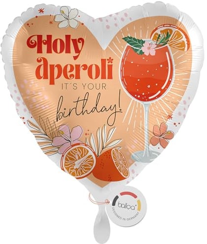 balloa Folienballon Holy Aperoli, Herzballon zum Geburtstag, Heliumballon mit Cocktail Motiv, Geschenk Luftballon Deko Frauen Party Geburtstag orange Design italienisch 33cm