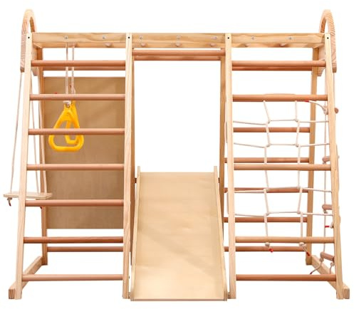 Portique d'escalade multifonction 7 en 1, comprenant balançoire, échelle, toboggan, filet, pierres et anneaux d'escalade en plastique, en bois massif, contreplaqué et hêtre, pouvant servir de tente.
