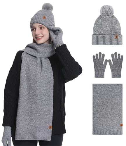 MAZELIKEHOOD Hat Scarf Gloves Set for Women 3Pcs Winter Ladies Warm Knitted Beanie Hat Gloves Scarf Neck Warmer 3 in 1 Cold Weather Set