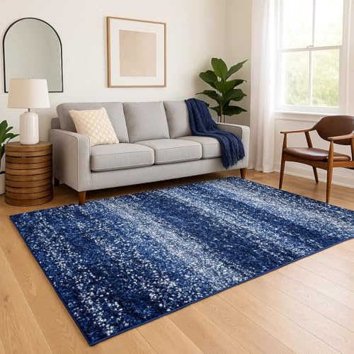 Dark Blue Navy Stripe Pattern Shaggy Rug Soft Cushioned Fibres for Living Room Bedroom 160cm x 230cm (5ft 3 x 7ft 7)