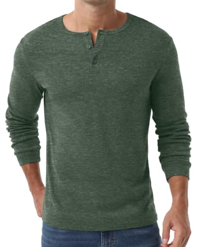 PrinStory Henley Shirt for Men Long Sleeve Pullover Slim Fit T-Shirt V Neck Jumper Top with Button (Green, L)
