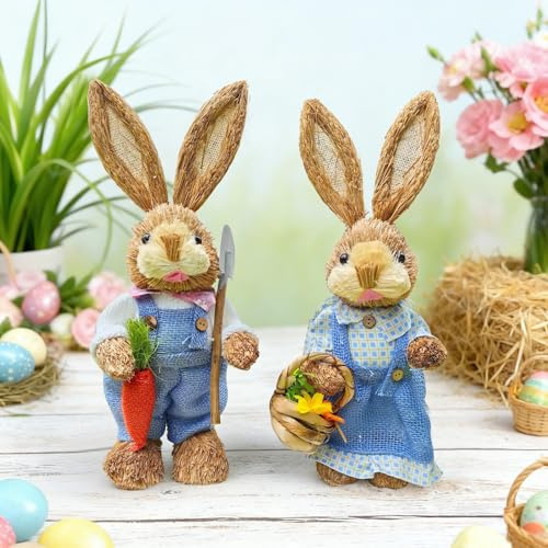 Osterdeko Osterhase Deko Tisch, 2 Stk Osterdeko Hase Stroh, 35cm Ostern Deko Osterhase Puppen, Stroh Osterhasen Dekor, Osterhasen Figuren, Frühlingsdeko, Ostern Hasen Figuren Osterdekoration (Blau)