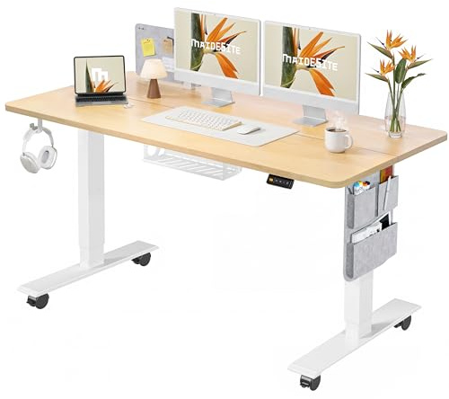 MAIDeSITe Electric Height Adjustable Standing Desk, 140x70cm Sit Stand Desk | with Cable Tray, Hook and Storage Pocketse, Stand Up Desk with Memory Controller for Home Office