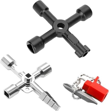2 Stück Schaltschrankschlüssel Set Universal Kreuzschlüssel mit Bit Adapter Kette & 4 Wege Multifunktionsschlüssel Schwarz für Heizung Entlüften Elektroschrank Zählerkasten Aufzug Wasserhahn Gas