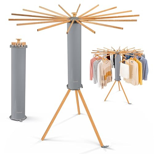 Crystals Octopus Clothes Drying Rack Airer – Portable Cloth Airer 16 Arm Wooden Collapsible Pole Tripod Laundry Dryer Horse Stand, Floor Standing Foldable Clothes Hanger for Home Use_Grey