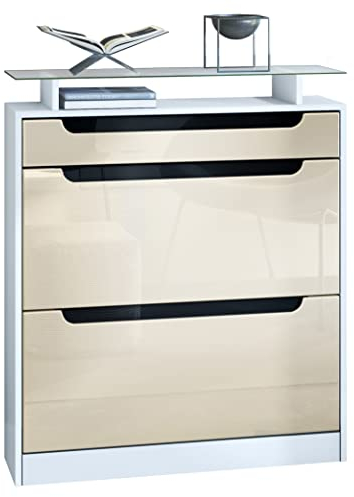 Vladon Schuhschrank Fiesta, Weiß matt/Creme Hochglanz/Schwarz Hochglanz Schuhkipper für 16 Paar Schuhe mit 2 Klappen (89 x 104 x 23 cm)