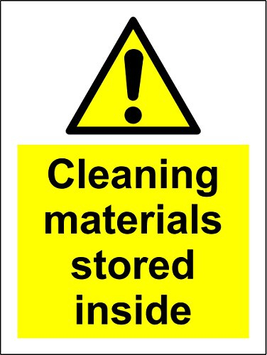 Warning Cleaning materials stored inside safety sign - Self adhesive sticker 200mm x 150mm