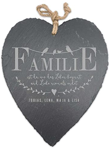 GRAVURZEILE Schieferherz mit Gravur - Familie & Leben - personalisiert mit Namen - Herzliches Geschenk für Familien zum Einzug - Personalisierte Wanddeko Türschild zum Aufhängen - Größe 27 x 23 cm