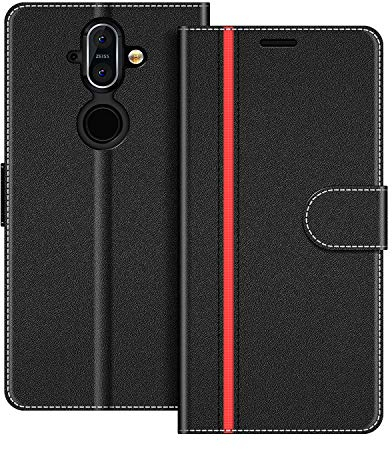 COODIO Handyhülle für Nokia 8 Sirocco, Flip Case aus Kunstleder und TPU mit Magnetverschluss, Standfunktion, Kartenfächer und horizontaler Stütze, Schwarz/Rot