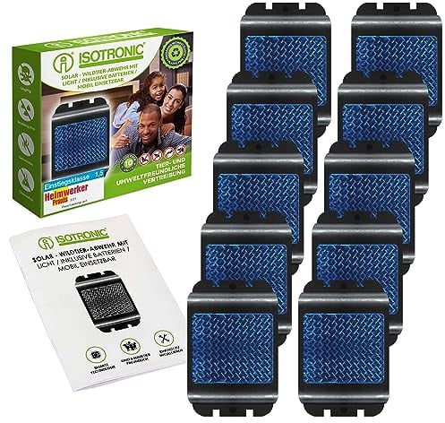 ISOTRONIC Tiervertreiber 10er Set batteriebetrieben, gegen Wildtiere wie Waschbären, Rehe, Füchse, Wildschweine UVM. – effektive Tierabwehr mit blauem LED-Licht & Reflektoren – 300m² Wirkungsbereich