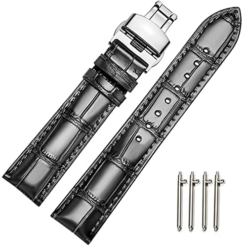 MUENShop Uhrenarmband mit faltschließe Leder Schnellverschluss Echtleder Armband für 18mm-24mm Schwarz Braun Blau Grün Kalbsleder Ersatz für Herren/Damen