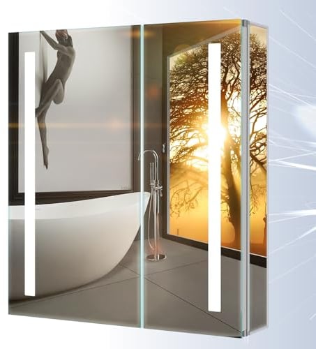Tokvon® Penumbra 2 doors Mirrored Bathroom Cabinets Wall Mounted LED Mirror Cabinet Bathroom with Motion Sensor & shaver socket & demister strip lights 630 x 650mm made of aluminum