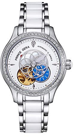 PRINCE GERA Damen Armbanduhr Automatikuhr für Damen Lotusblumen Skelett Diamant Damen armbanduhren aus Edelstahl Keramikband (Silber)