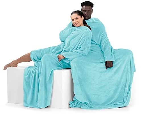 DecoKing Decke mit Ärmeln Geschenke für Frauen und Männer 170x200 cm Türkis Microfaser TV Decke Kuscheldecke Weich Lazy