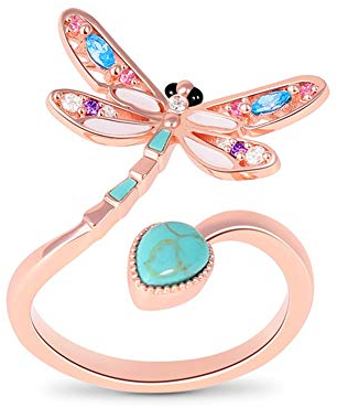 GNOCE Türkis Libelle verstellbarer Ring 18 Karat Roségold überzogen Damen offener Ring mit Bunt Zirkonia Stein Mode Schmuck für Frauen Mädchen
