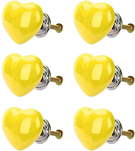 POFET 6pcs Heart-Shaped Dresser Drawer Cabinet Knobs Vintage Door Handle Ceramics Furniture Pulls for Kitchen Wardrobe Cupboard Kids Room Decorative - Yellow