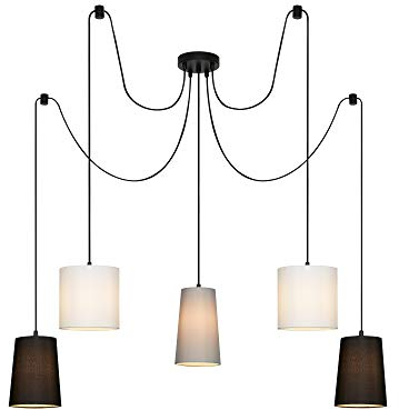 Briloner Leuchten - Deckenleuchte, Deckenlampe 5-flammig, Hängelampe, Hängeleuchte, 5x E14, Textilschirme, Schwarz-Weiß-Grau,1.000x1.450mm (DxH), 4107-055