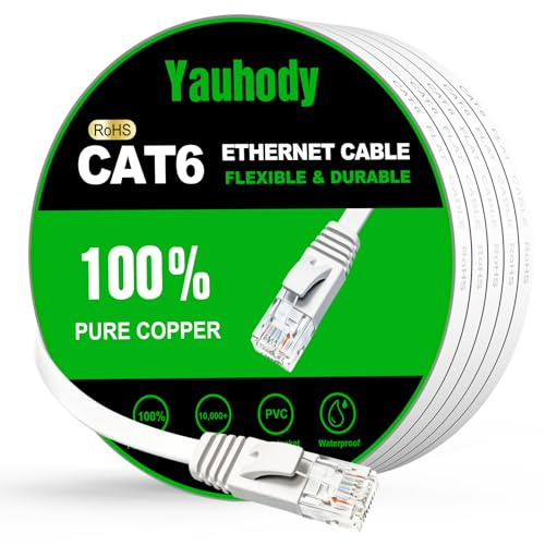 Yauhody CAT 6 Ethernet Cable 15m, Pure Copper High Speed Solid Flat CAT6 Gigabit Internet Network LAN Patch Leads,Snagless RJ45 Connector for Modem, Router, PC (15m,White)