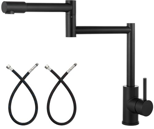 Heyalan Matte Black Pot Filler Faucet Deck Mounted Single Handle Double Joints Free Rotating Modern Deck Mounted Countertop Retractable Commercial Kitchen Sink Faucet Stainless Steel