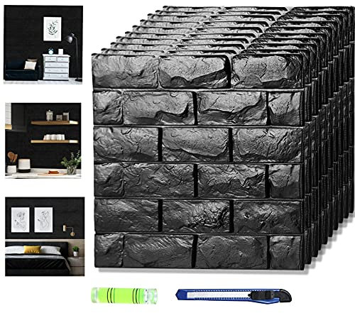 3D Wall Panels Stick and Peel, Black Brick Printable 3D Wallpaper Stick and Peel Self Adhesive Waterproof Foam Faux Brick Paneling for Bedroom, Bathroom, Kitchen, Fireplace (30, Black)