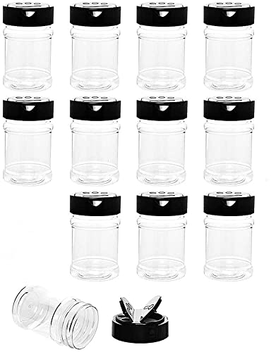 Lot de 12 pots à épices en plastique de 200 ml avec bouchon à rabat noir pour verser ou shaker/tamis pour stocker les épices, les herbes et les poudres, sans BPA