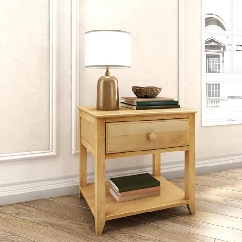 Maxwood Nachttisch, Beistelltisch mit Schublade, offenes Fach, Couchtisch, Schlafzimmer, Wohnzimmer, Holztisch aus solidem neuseeländischem Kiefernholz, natur